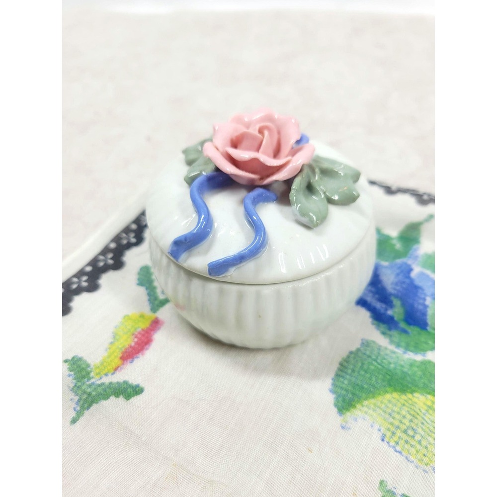 Dainty Porcelain Rose Trinket Box Round Blue Ribbon Accent 3"